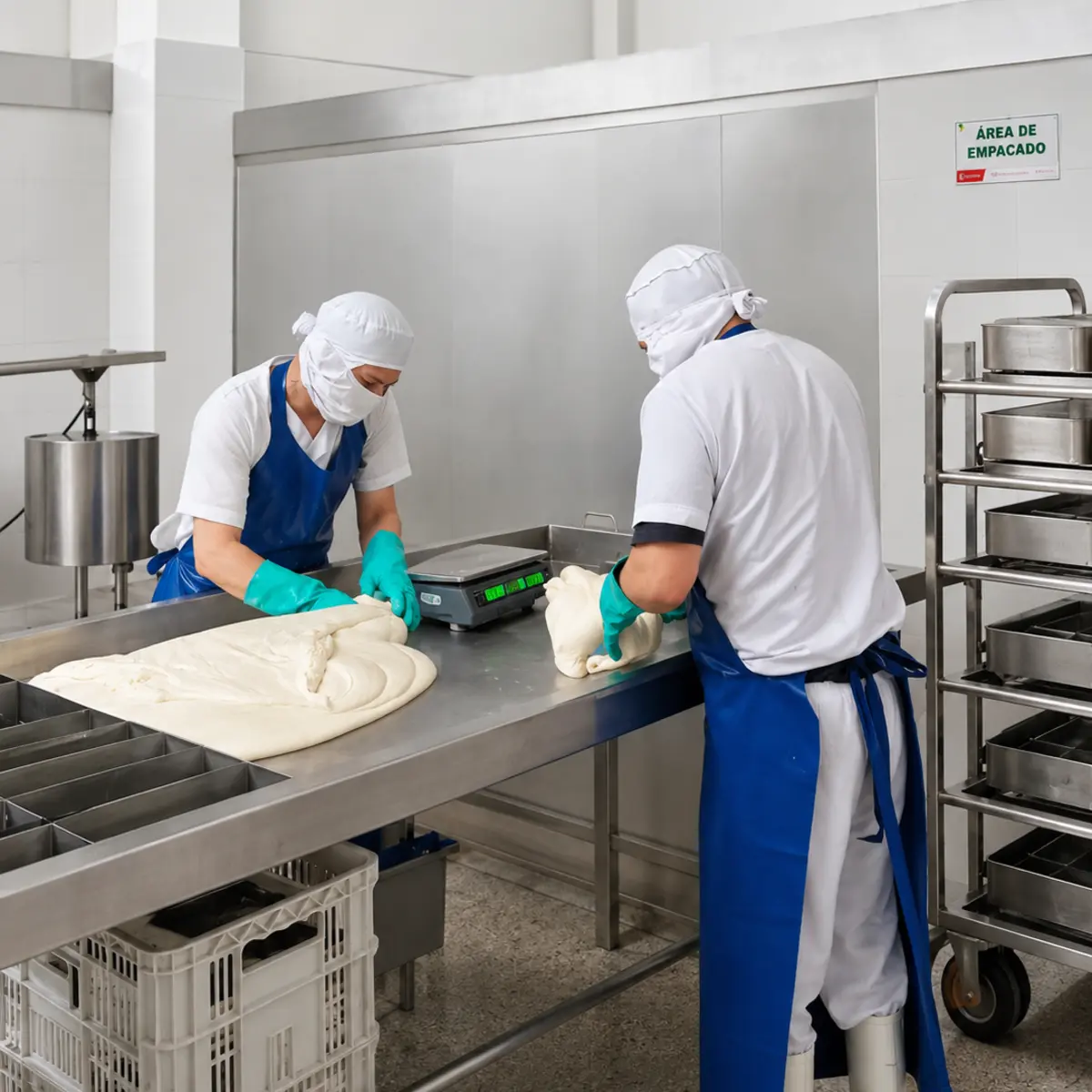 Manipuladores de alimentos aplicando BPM en una planta de producción.